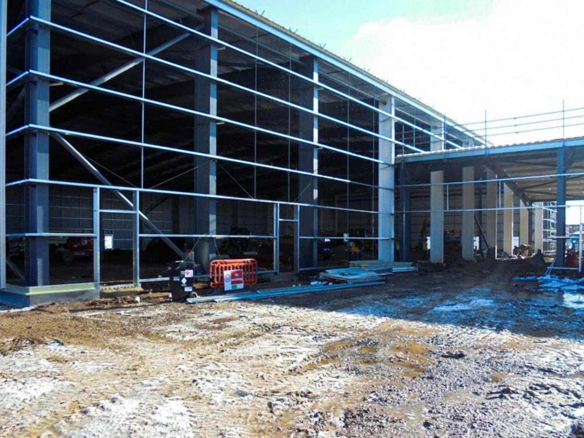 Completed metal structure of new warehouse development.