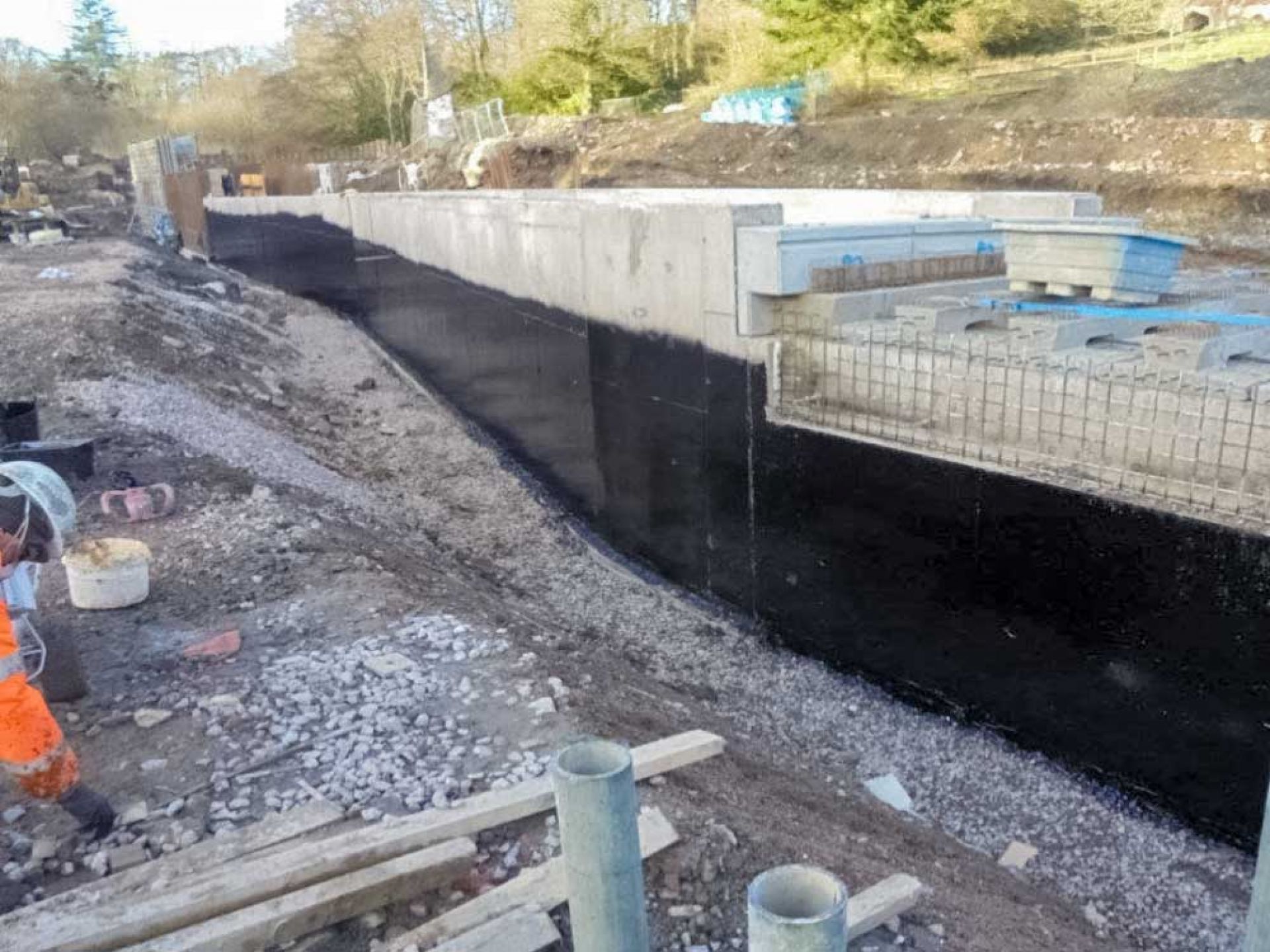 River channel during construction for bridge to go overhead.