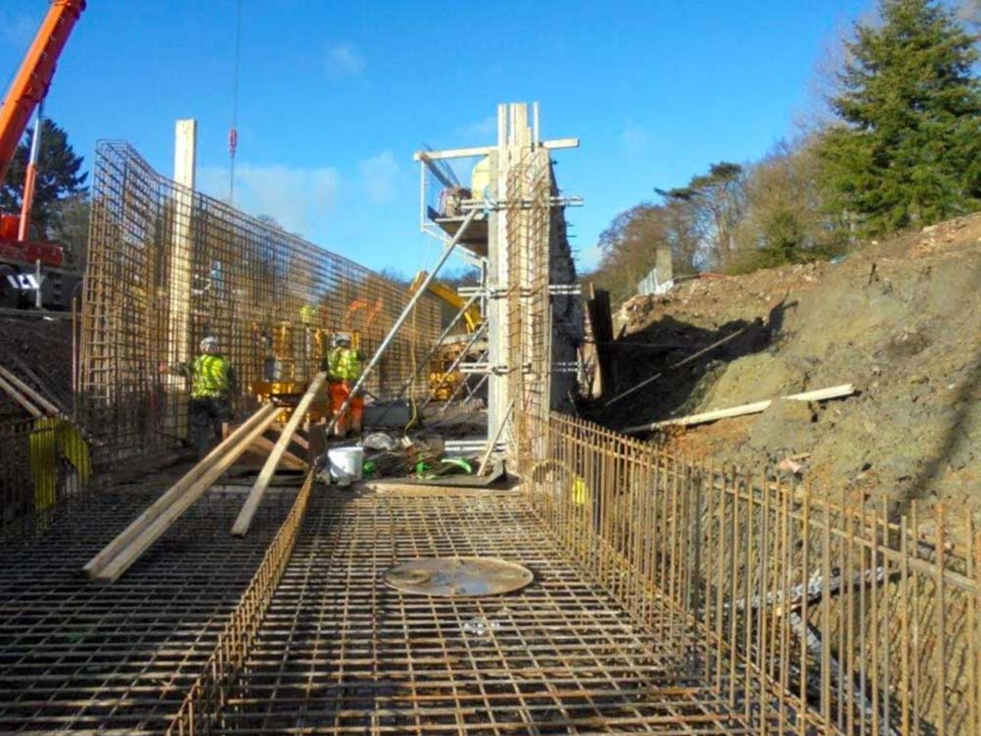 Construction work for for building a deep road bridge.